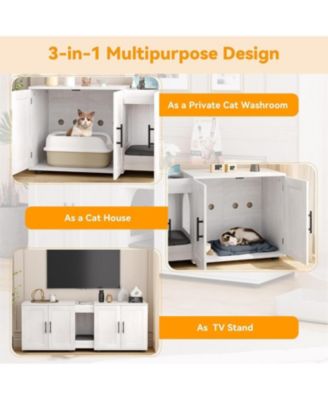 Double Room Cat Litter Cabinet, Stylish Storage Litter Box Enclosure for Two Cats, Cat Mat, Organizer, White