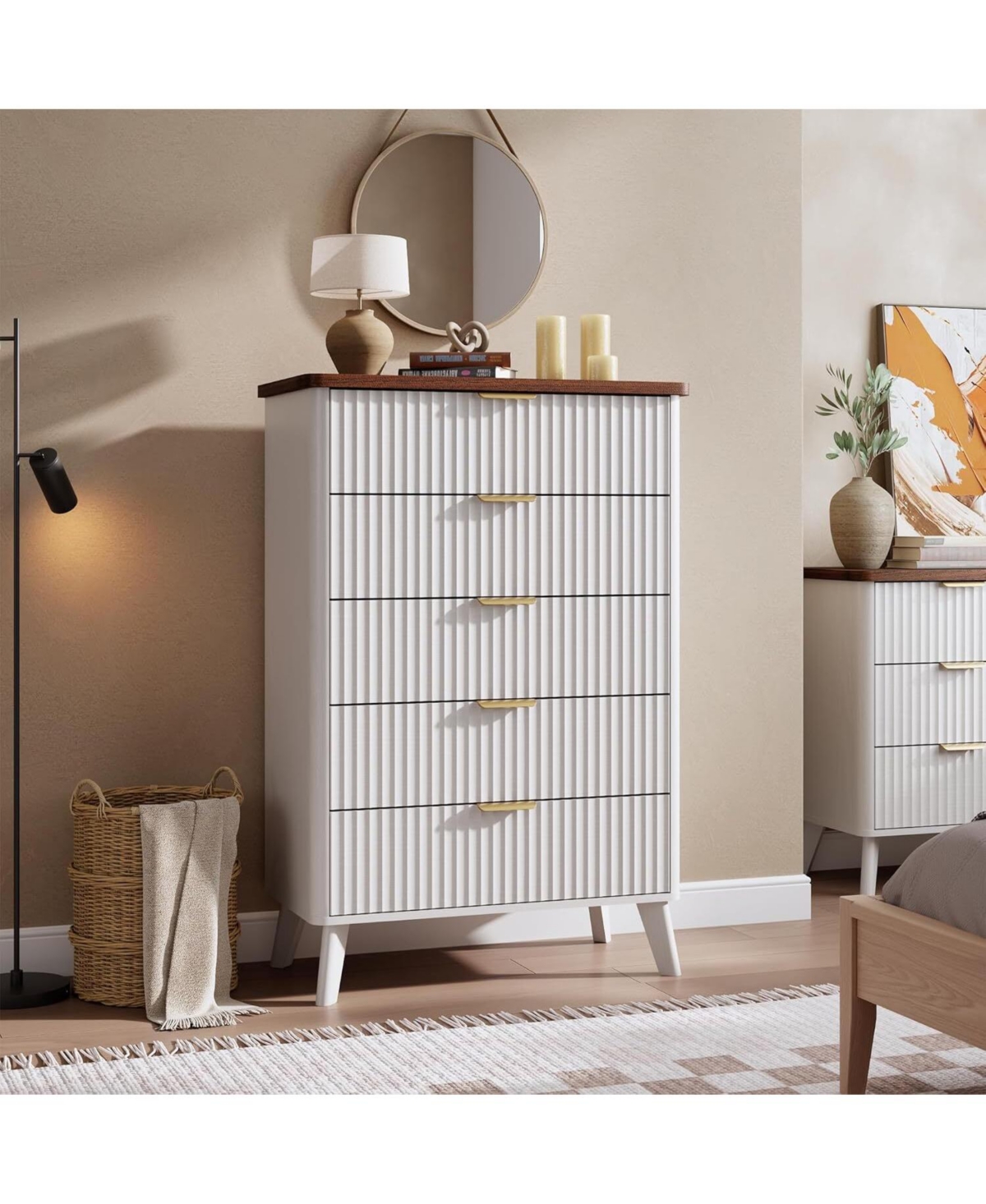 gaomon Fluted Dresser for Bedroom with 5 Deep Drawers, 47in Tall Chest of Drawers with Faux Marble Top, Curved Profile Design, White with Walnut Top