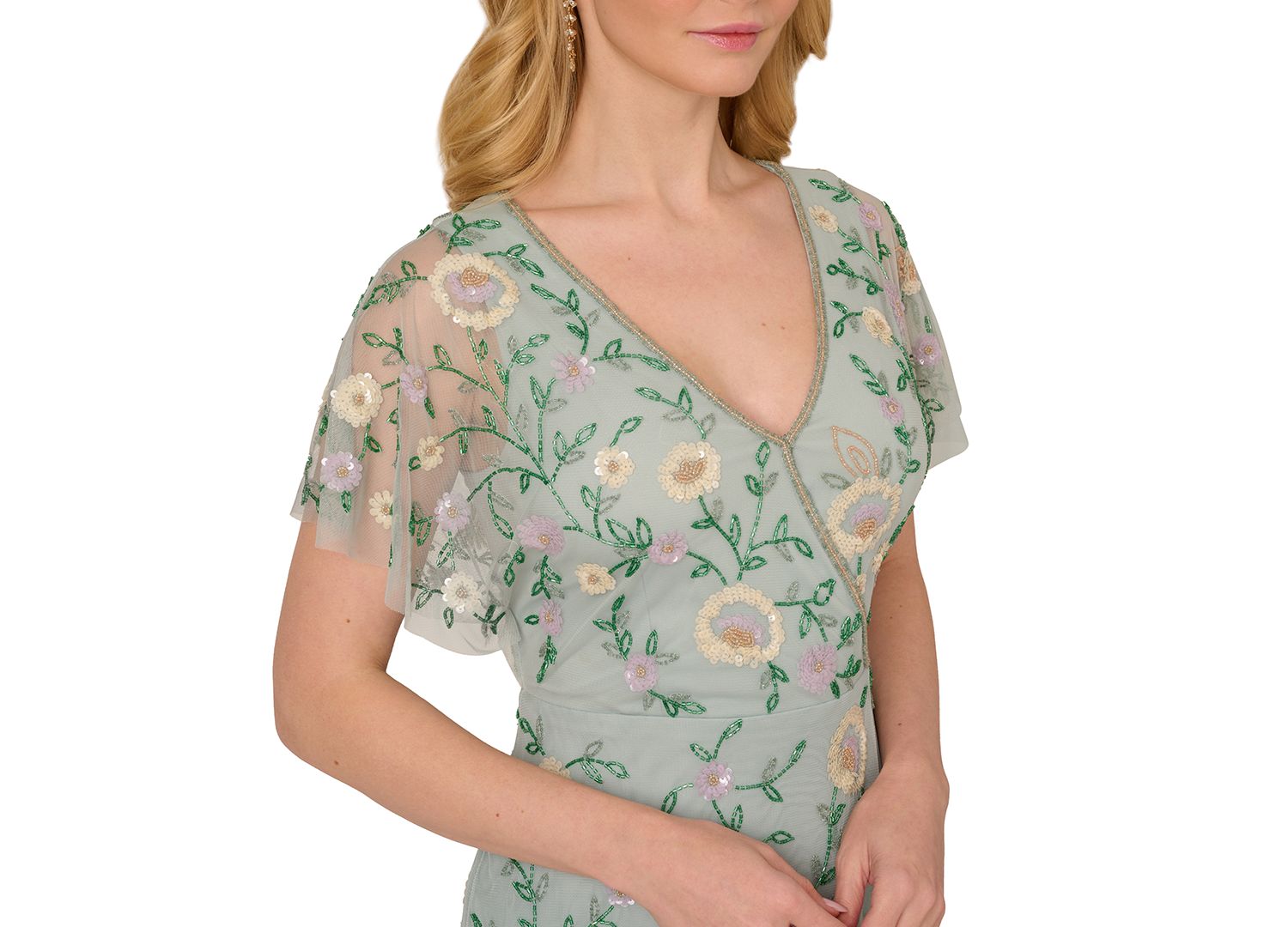 Petite V-Neck Beaded Mesh Gown