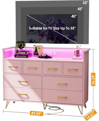 8-Drawer Modern LED Light & Charging Station, Wooden Chest, Open Shelf Dresser