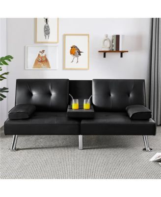 Faux Leather Convertible Futon Sofa Bed with 2 Throw Pillows & Drop-down Cup Holders Dark Brown