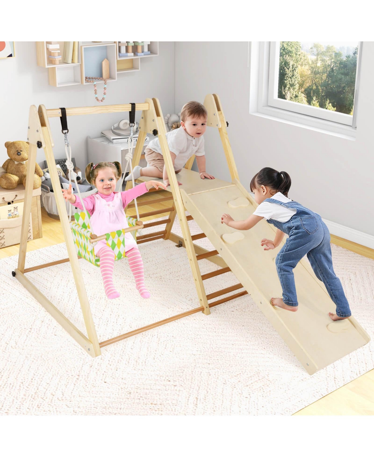 Costway 4-in-1 Indoor Jungle Gym with Baby Swing, Climber, Ladder and Resting Platform