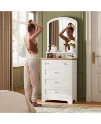 4-Drawer Charge Station, LED Strip, Crystal Knobs, Modern Vanity Cabinet Dresser with Mirror