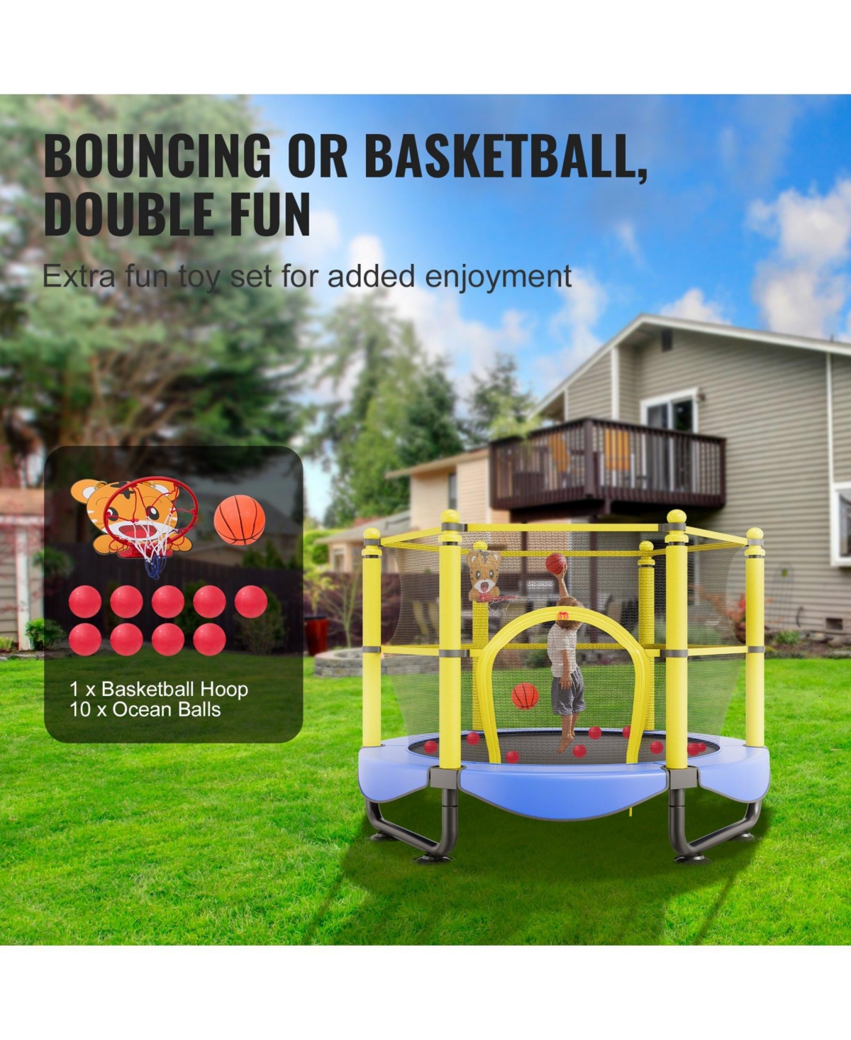 Sugift 5FT Kids Trampoline with Safety Net and Basketball Hoop