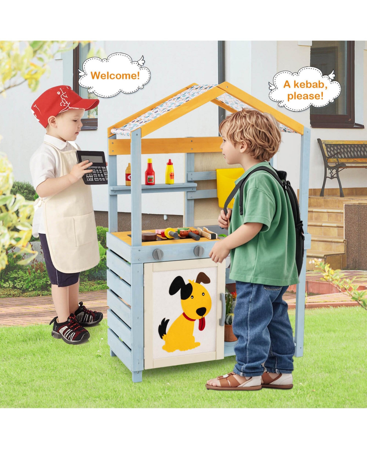 Costway 2-in-1 Wooden Outdoor Mud Kitchen and Grocery Store Play Kitchen with Sink