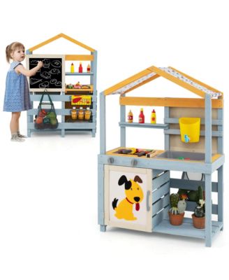 2-in-1 Wooden Outdoor Mud Kitchen and Grocery Store Play Kitchen with Sink