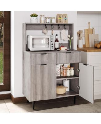 Fluted Sideboard Buffet Cabinet with 2 Drawers, Adjustable Shelves, Coffee Bar Storage Console