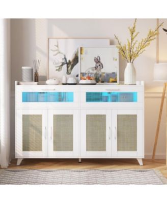Farmhouse Rattan Storage Cabinet with Charging Station and LED Light, Heavy Duty Buffet