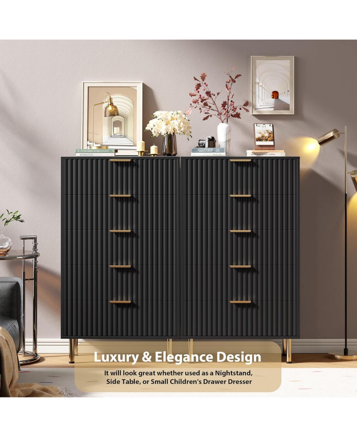 gaomon 5-Drawer Modern Fluted Black Dresser, 47.2 Inch Tall Chest with Deep Drawers, Wide Top, Organizer