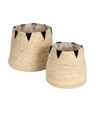 Round Handwoven Corn Leaf Basket Set of 2 with Plastic Liner, Natural with Black Accents