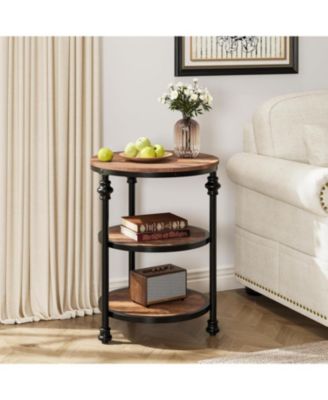 Round 3-Tier Side Table with Shelves, Small Space Coffee Table, High Load Capacity, Easy Assembly, Vintage Brown