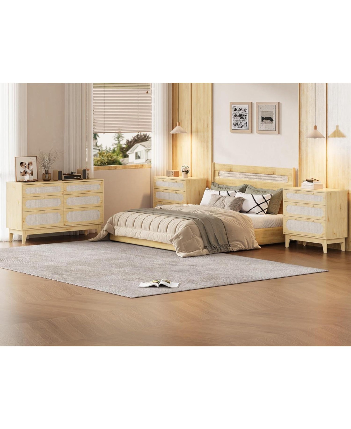 gaomon 3-Drawer Rattan Dresser, Natural Modern Closet Organizer with Wooden Handles & Legs, Anti-Tip Kits, Bedroom