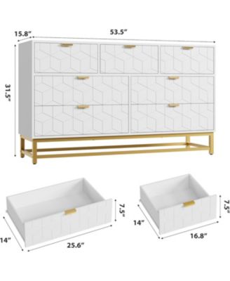 53.5 Inch White 7-Drawer Modern Dresser, Triple Chest, Gold Accents, Long Storage for TV Stand, Closet, Living Room