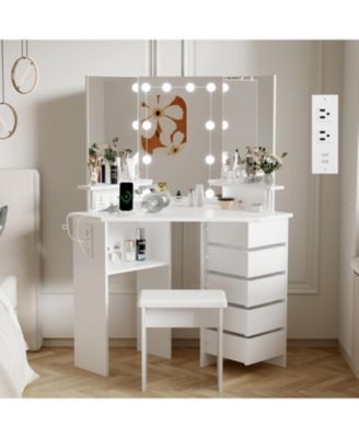 Corner Makeup Vanity Desk with Lights, Power Outlet, Rotating Drawers, Adjustable Brightness, Stool