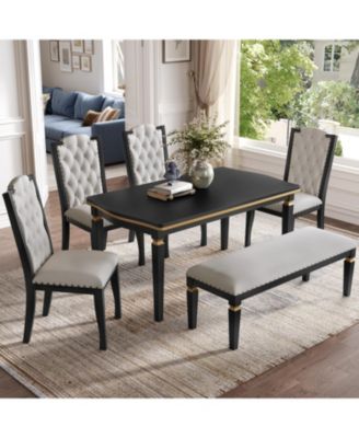 6-Piece Dining Table Set- 60" Table, 4 Tufted Chairs & Bench (Black)