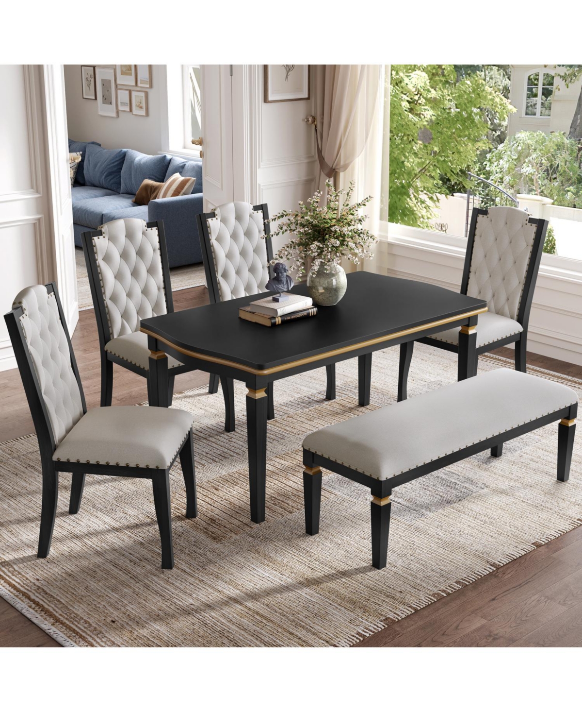 Streamdale Furniture 6-Piece Dining Table Set- 60" Table, 4 Tufted Chairs & Bench (Black)