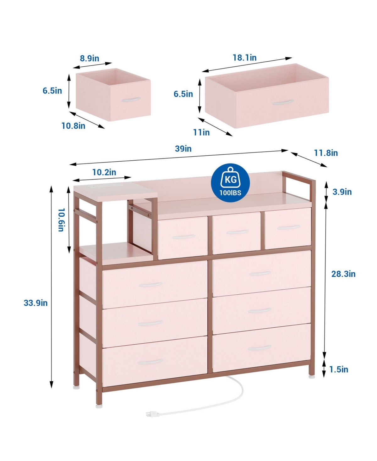 gaomon 9-Drawer Modern Dresser with Charging Station, Heavy-Duty Storage Chest, Power Cord, Bedroom, Living Room, Entryway