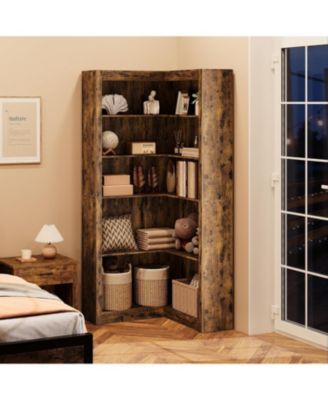 5-Tier Farmhouse Corner Bookcase, 71.8" L-Shaped Brown Display Shelf with Storage, Living Room, Home Office