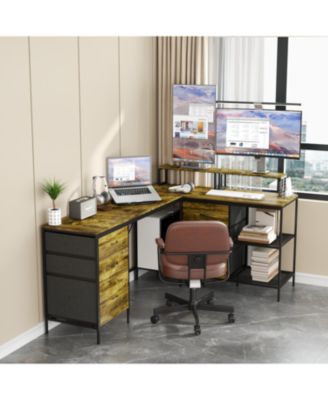 114" L-Shaped Desk with Power/USB-C 6 Drawers 3 Shelves Monitor Stands Rustic Brown