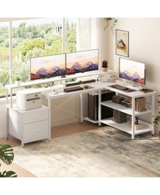 67'' L-Shaped Desk with Drawers and Shelves, Reversible Corner Computer Desk with Power Outlet & Monitor Stand
