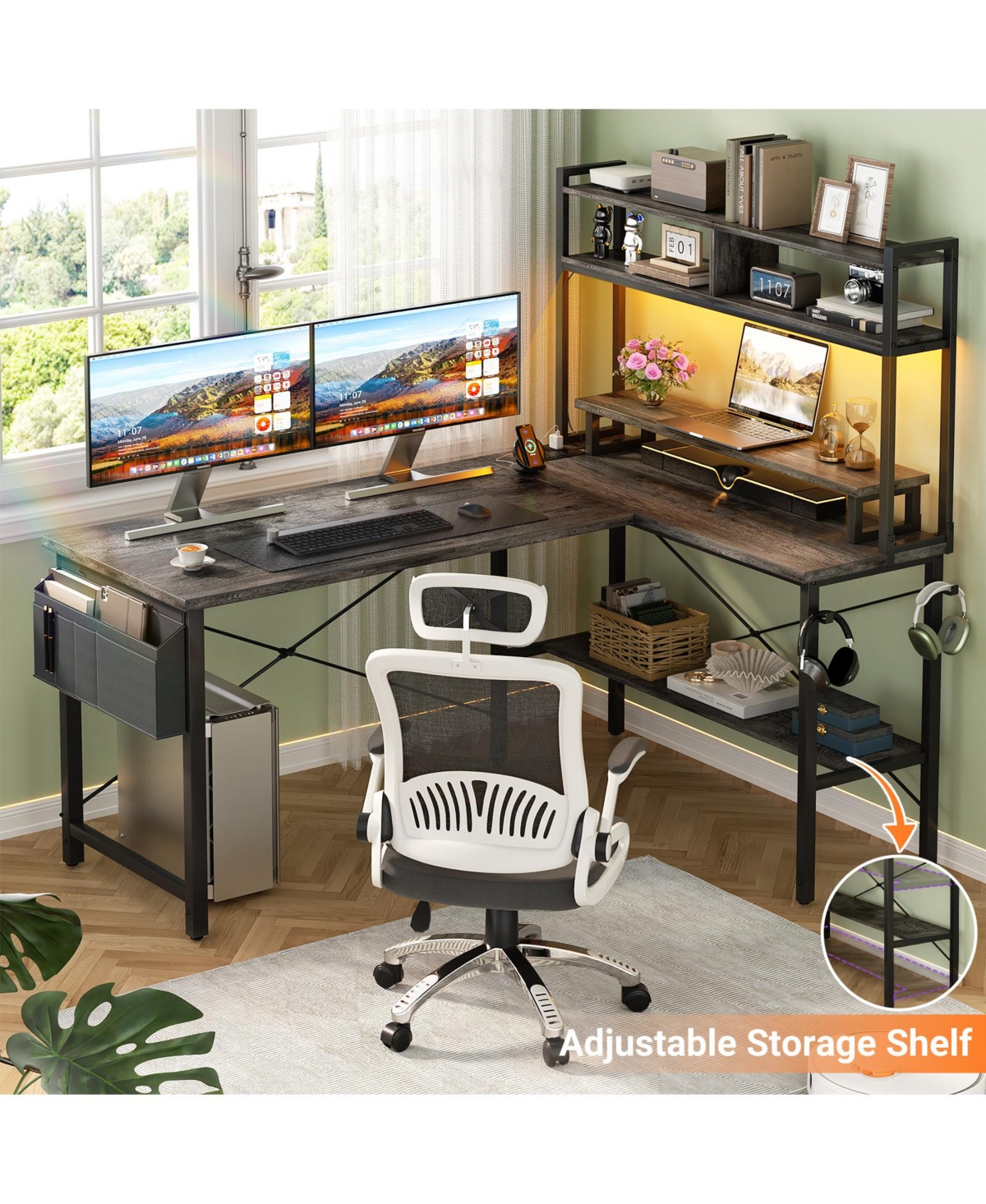 Aheaplus 49'' Reversible L Shaped Gaming Desk with Power Outlet and Led Lights, Corner Hutch & Monitor Stand