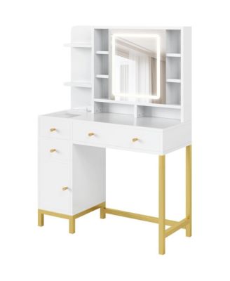White Vanity Desk with Mirror & LED Lights, Makeup Dressing Table with Power Outlet, Bedroom