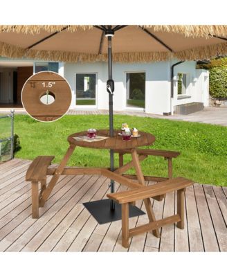 6-person Round Wooden Picnic Table Outdoor Table w/ Umbrella Hole & Benches