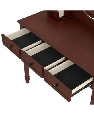 Vanity Desk with Mirror, Cushioned Stool, 5 Drawers - Walnut