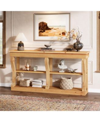 63" Solid Wood Console Table, 3-Tier Farmhouse Sofa Table with Storage