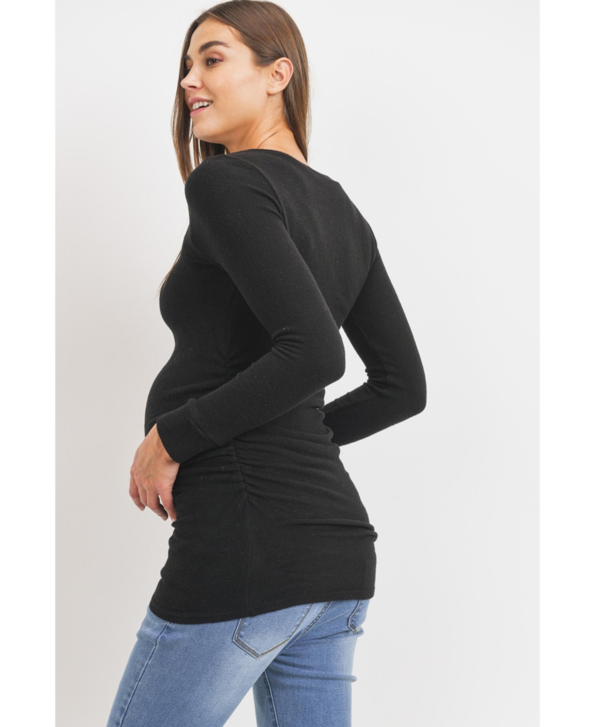 Hello Miz Maternity Long Sleeve Crew Neck Side Ruching Knit Top