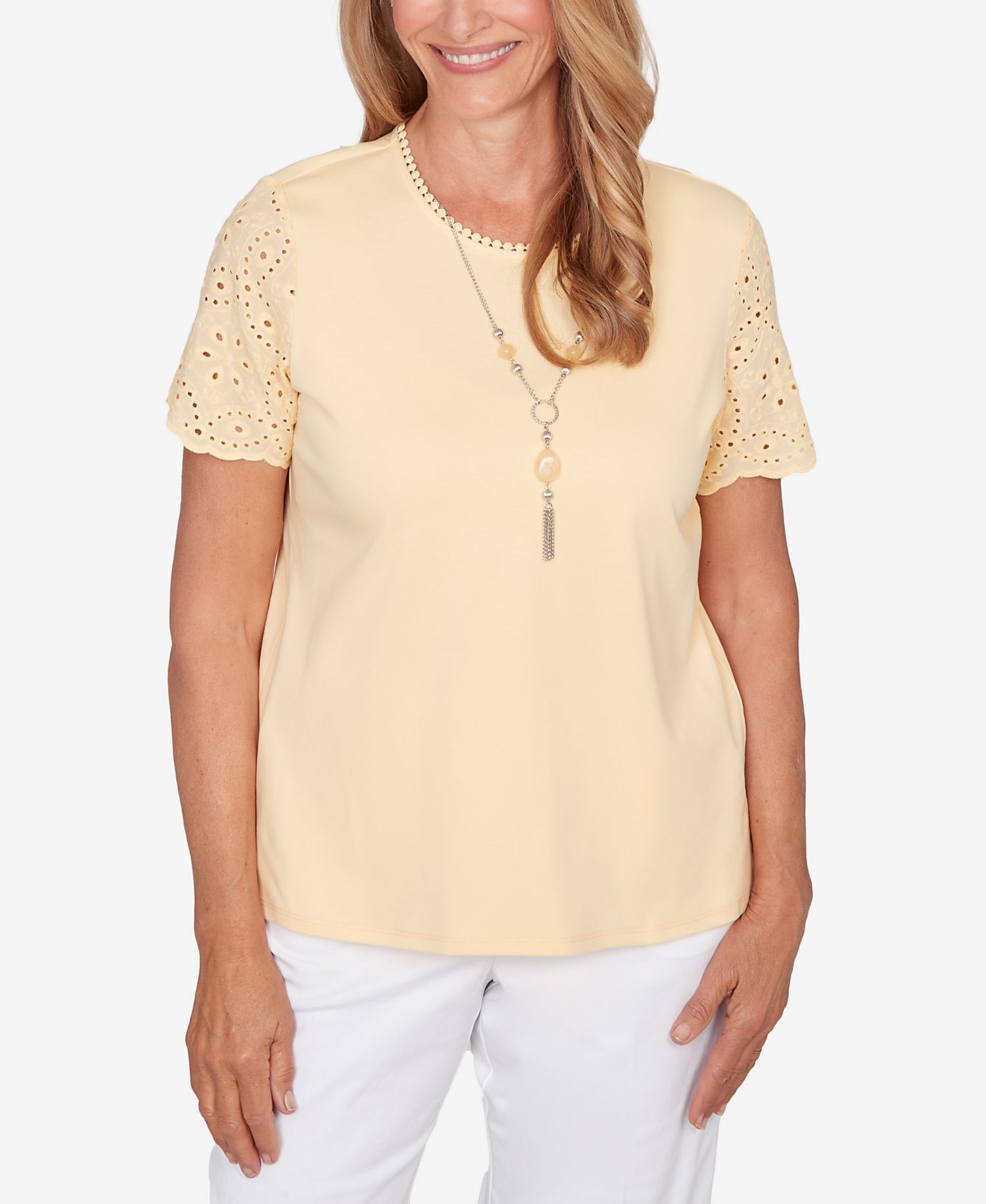Women's Classic Solid Eyelet Sleeve T-Shirt with Necklace