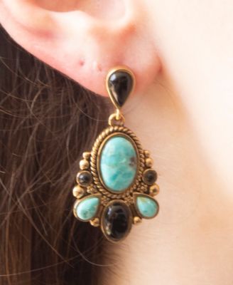 Barcelona Blue Turquoise and Black Onyx Post Drop Golden Earrings
