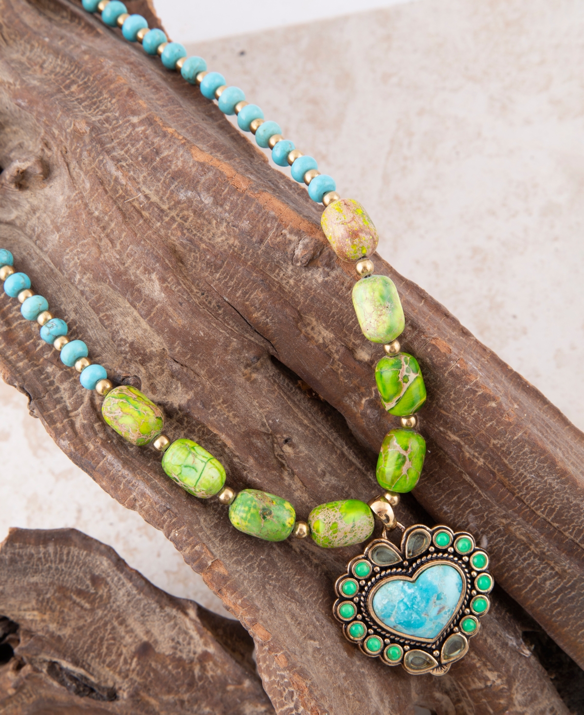 Barse Legacy Heart Lime Green and Blue Turquoise Golden Pendant Necklace
