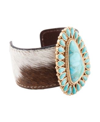 Genuine Turquoise Golden Bronze Cow Hide Cuff Bracelet