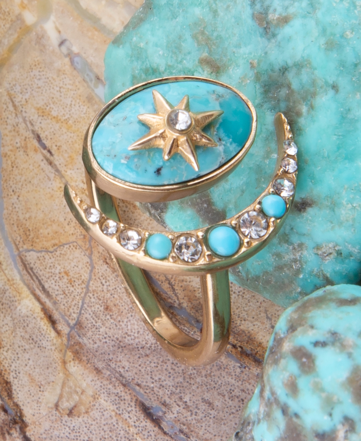Barse Celestial Blue Turquoise Golden Bypass Ring