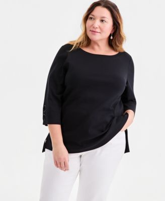 Plus Size Solid Boat-Neck Cotton Lace-Up-Sleeve Tunic