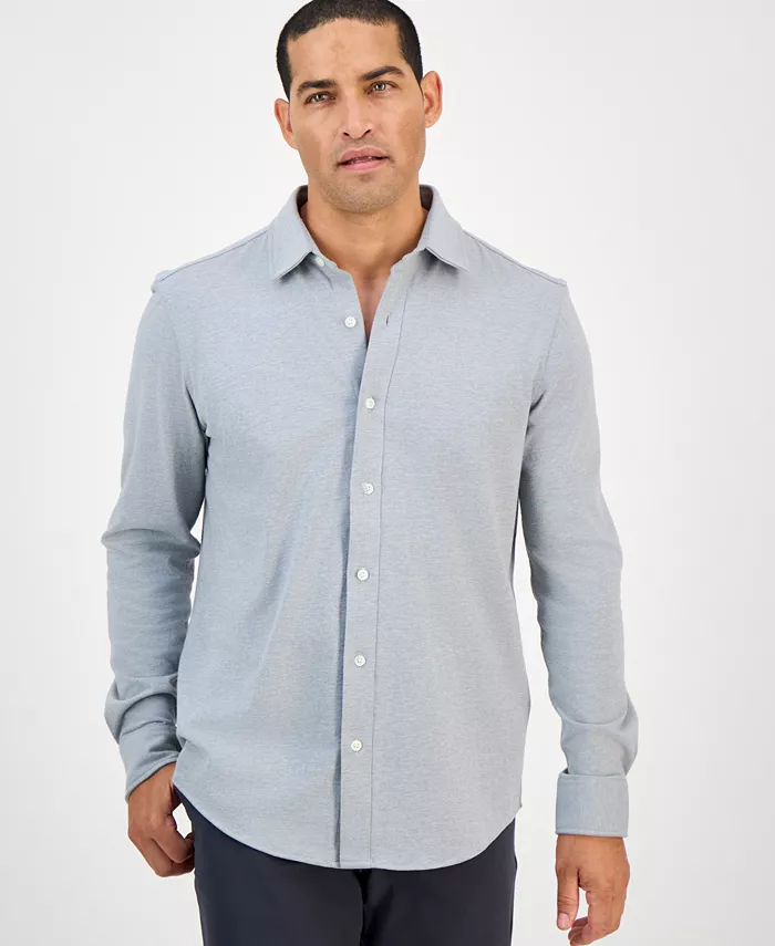 Men's Classic-Fit Heathered Jersey-Knit Button-Down Shirt
