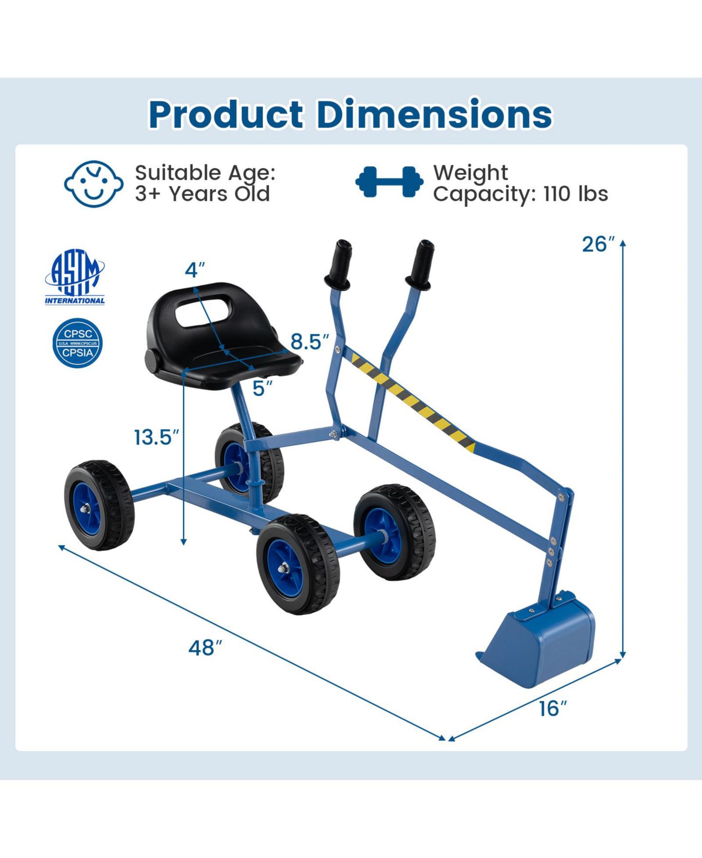 Детская игрушка HONGGE Sand Digger Ride-On Toy with Dual-Hand Controls and Metal Shovel Arm, Supports up to 110 lbs, Ages 3+, цвет: Синий — фото 3