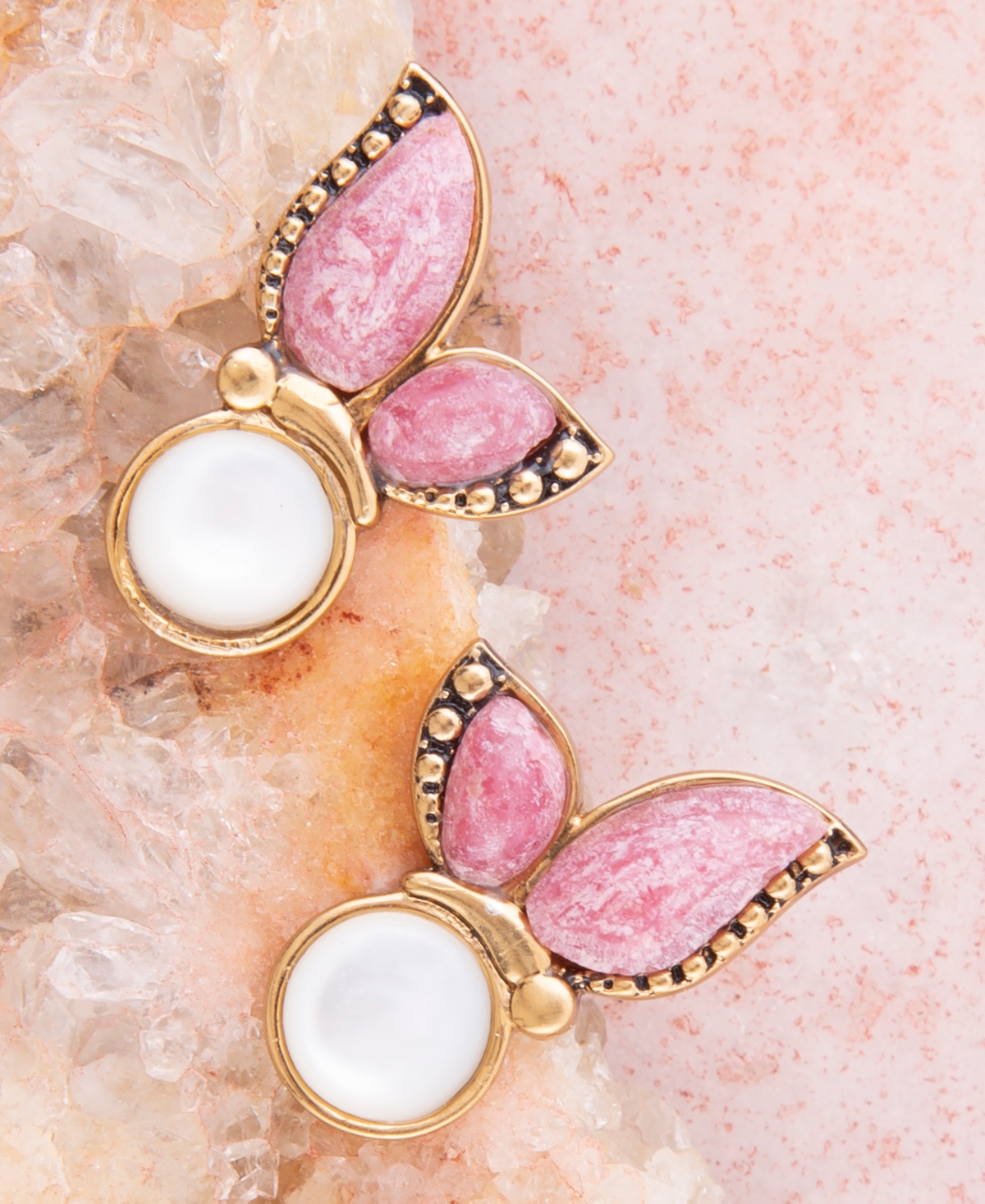 Barse Pink Rhodonite and White Mother of Pearl Golden Butterflies Post Earrings