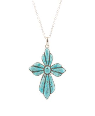 Blue Turquoise Cross Pendant Sterling Silver Necklace