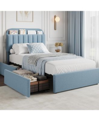 Boucle Storage Bed with Built-In Bookcase, 2 Drawers, Sturdy Frame, No Box Spring Required - Full