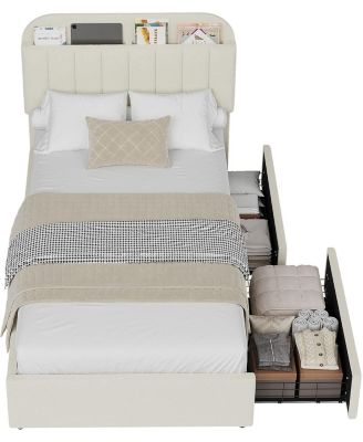 Boucle Storage Bed with Built-In Bookcase, 2 Drawers, Sturdy Frame, No Box Spring Required