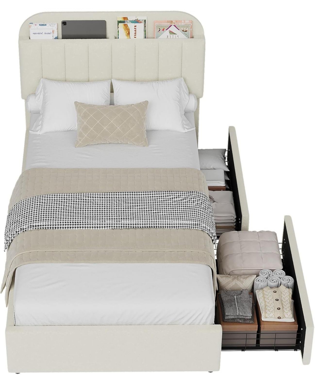 gaomon Boucle Storage Bed with Built-In Bookcase, 2 Drawers, Sturdy Frame, No Box Spring Required