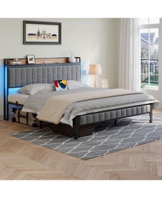 King Bed Frame with Storage Headboard LED Platform Bed Charging Station