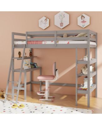 Twin Size Solid Wood Loft Bed w/ Desk & Bookshelves Ladder & Guardrails