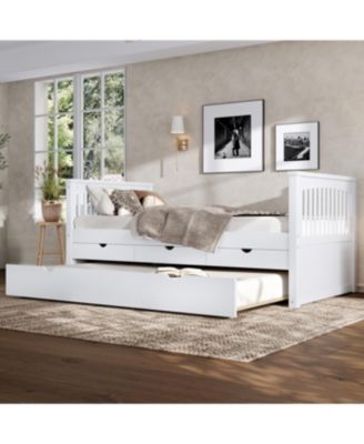 Twin Platform Bed with Drawers, Trundle, Solid Wood Daybed, White