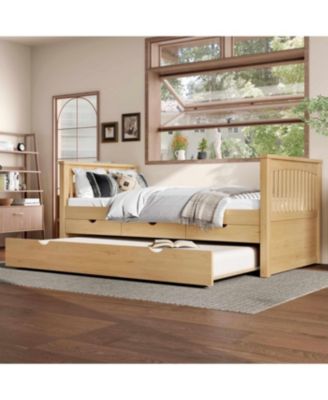 Twin Platform Bed with Drawers, Solid Wood Daybed, No Spring Box Needed, Natural