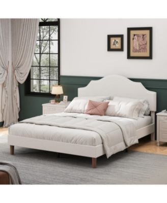 Queen Size Upholstered Platform Bed with Adjustable Headboard, White