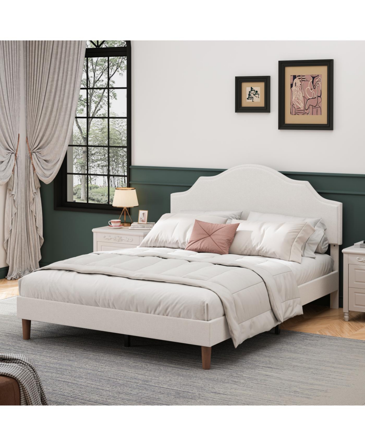 Streamdale Furniture Queen Size Upholstered Platform Bed with Adjustable Headboard, White