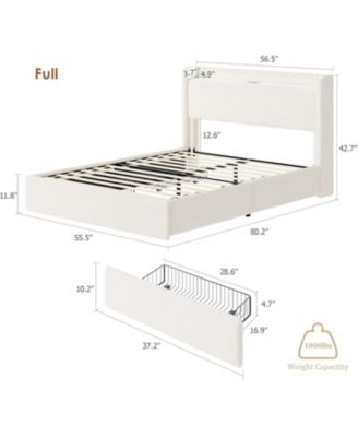 Full Size Boucle Bed Frame with Storage Headboard, Charging Station, LED Lights, 4 Drawers, No Box Spring Needed, Beige